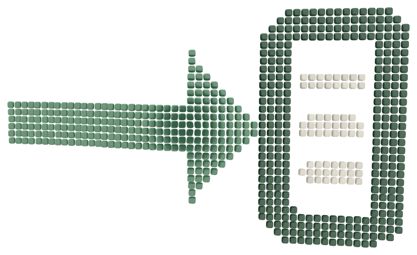 Tiles flowing along an arrow into a frame. Illustrative image.